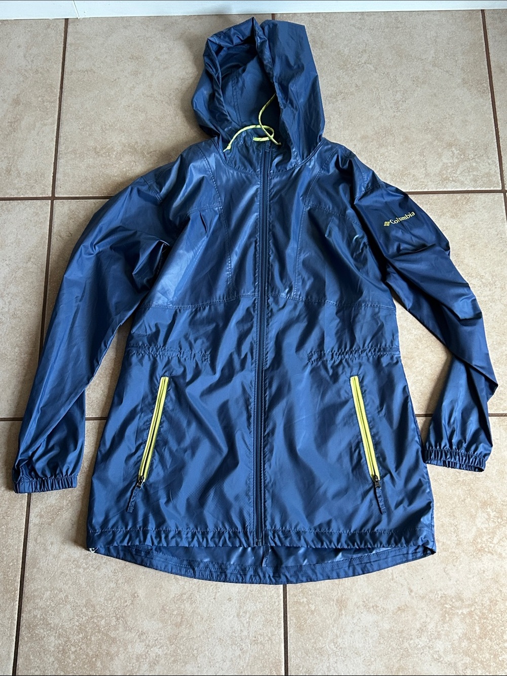 Columbia Flashback Long Windbreaker Jacket Navy Blue Lime Accents Women's Small